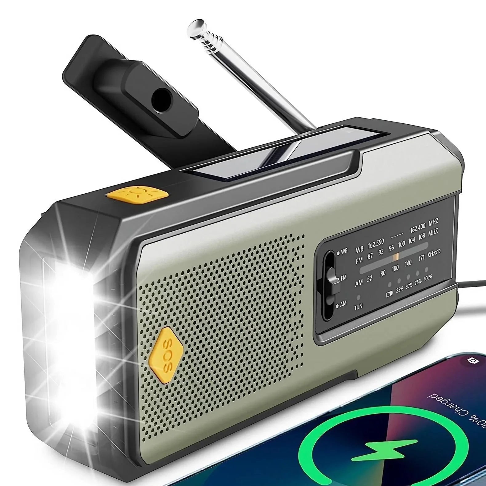 Weather Radio Emergency Multifunctional Radio FM AM WB Hand Crank Solar USB Charging 2000mAh Power Bank LED Flashlight Torch