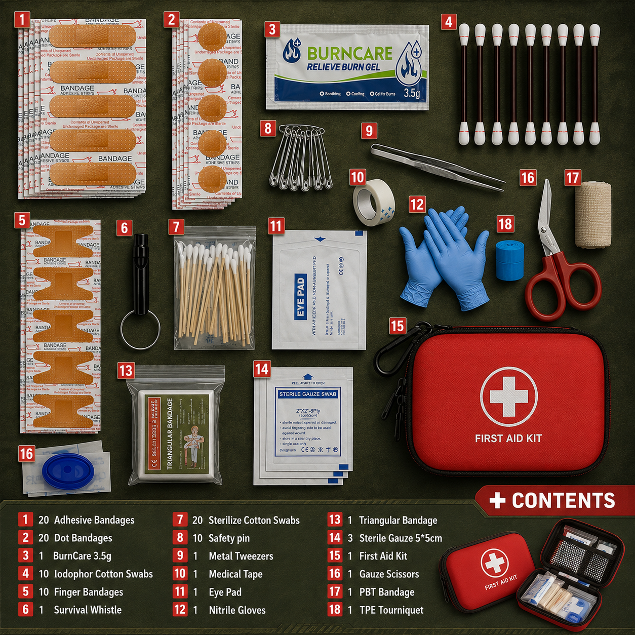 Kit de primeiros socorros multifuncional para emergências médicas,uso doméstico, camping e trilhas.