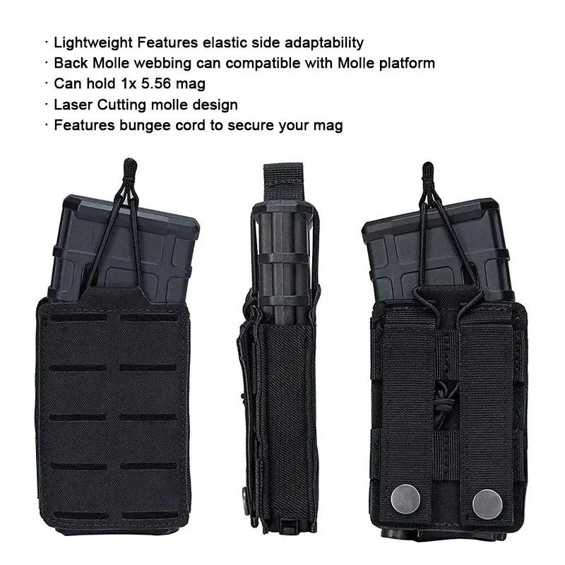 M4 M16 AR15 5.56mm magazine pouch, single magazine holster, MOLLE compatible, EDC waist pouch with laser-cut openings