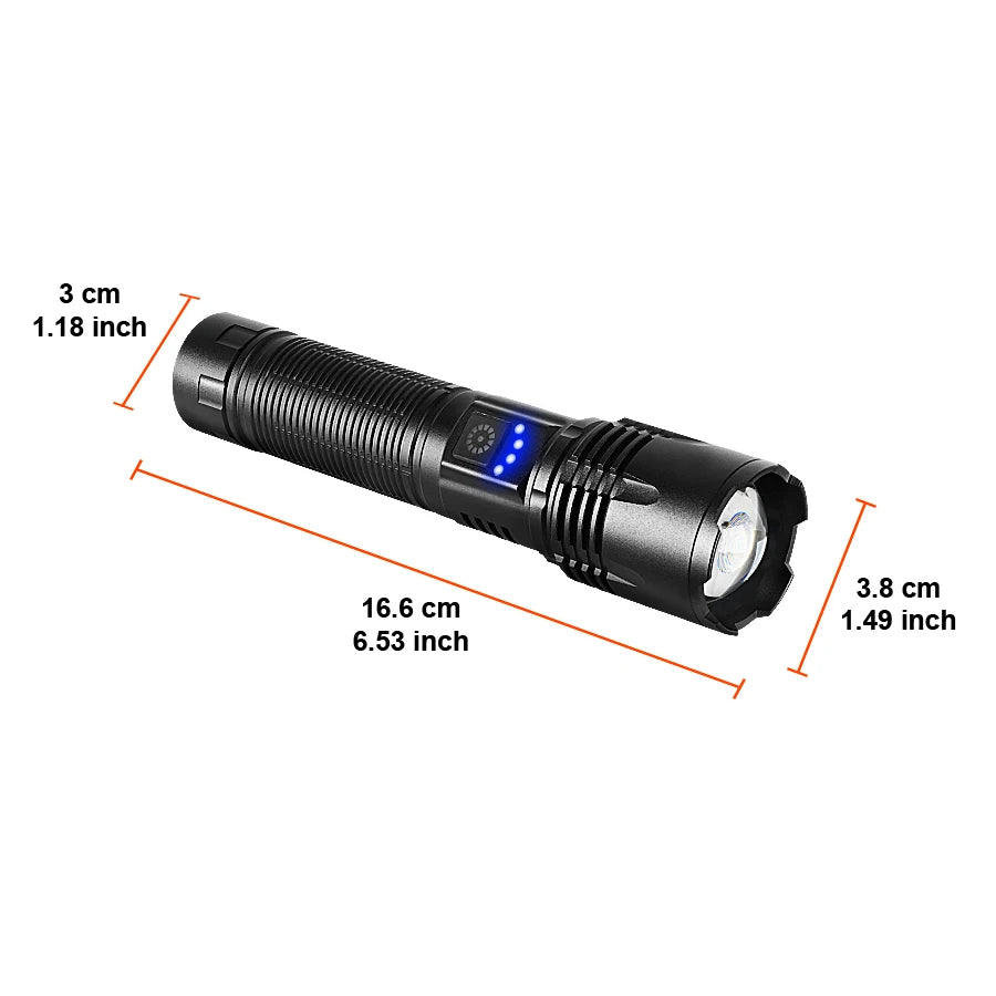 Lanterna de alta potência com foco (bateria + slot para pilhas)