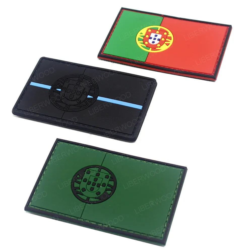 LIBERWOOD Portugal Flag PVC Rubber Embroidery Patch Blue Line Army Badge Tactical Emblem Backpack Applique
